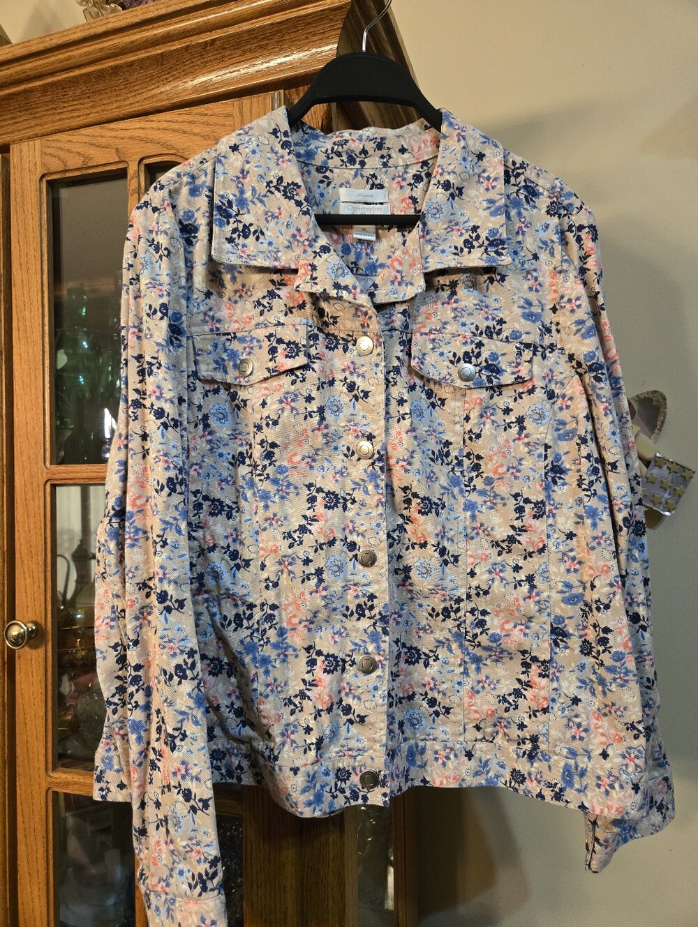 Christopher & Banks XL Tan & Blue Floral Stretch Denim Jacket